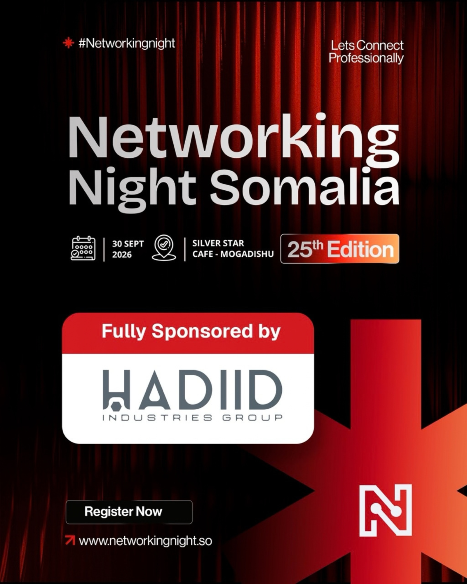 Networking Night Somalia 25th Edition official event poster, 30 September 2026 at Silver Star Cafe Mogadishu