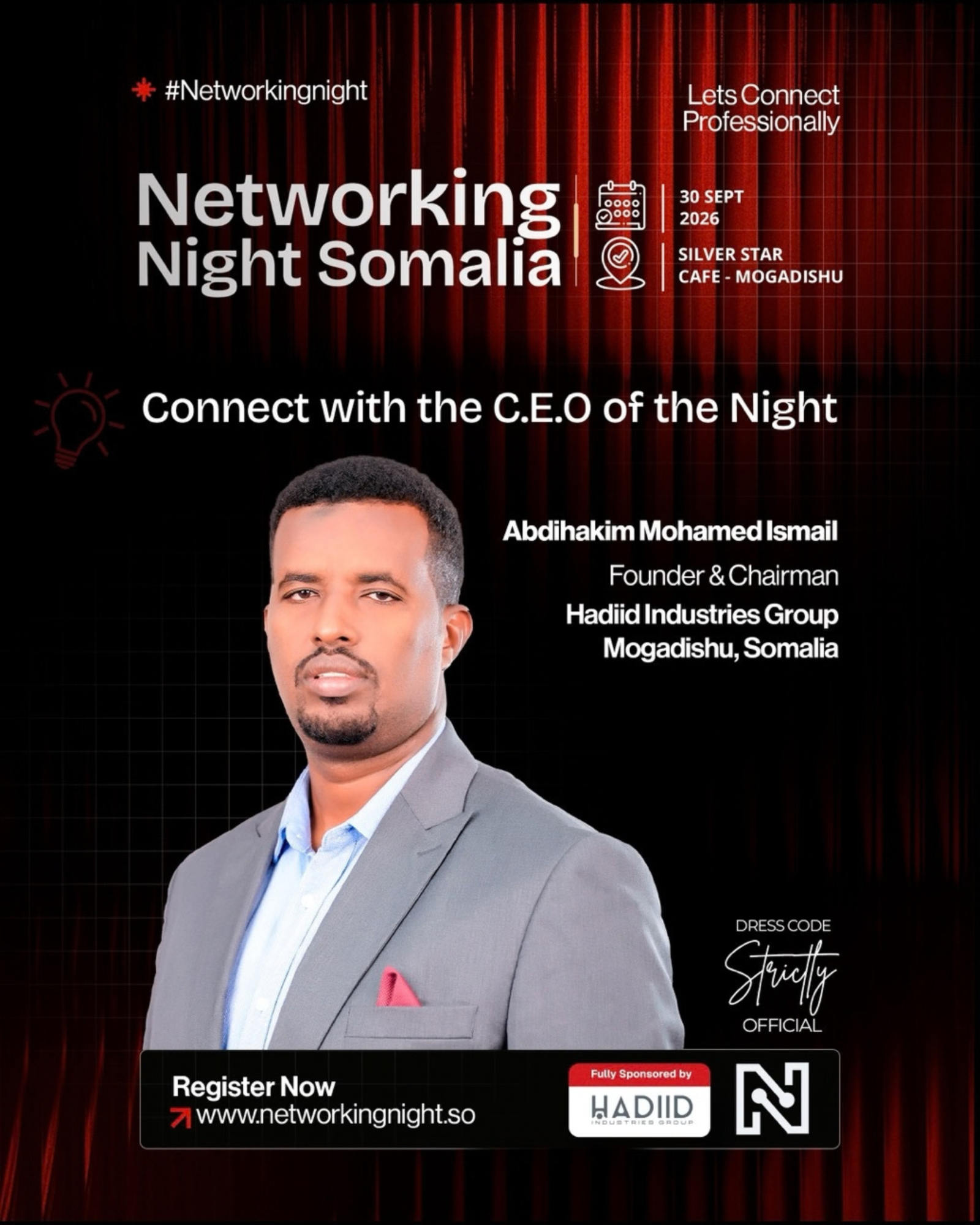 Abdihakim Mohamed Ismail, Founder and Chairman of Hadiid Industries Group, CEO of the Night at Networking Night Somalia